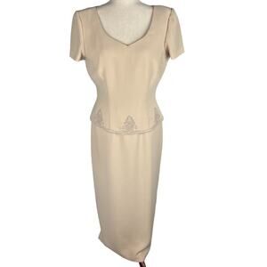 DONNA MORGAN EMBROIDERED V‎ NECK SHORT SLEEVE SHEATH DRESS IN SAND NWT WOMEN'S 8